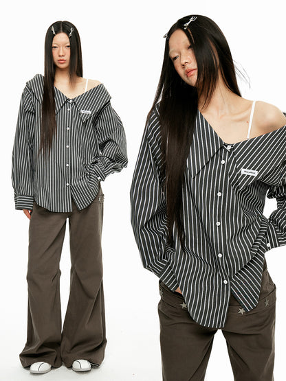 Detachable Layered Button-Up Striped Shirt